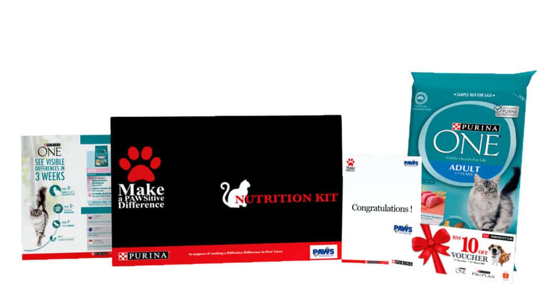 Nutrition kit consisting PURINA ONE sample, product leaflet and e-voucher to be given to owners who adopt the pets in PAWS Animal Welfare Society under 100 pets in 100 days programme by PURINA