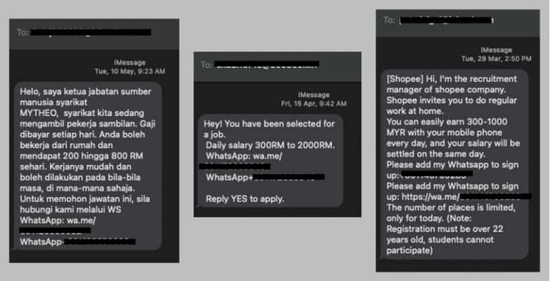 Screenshots of actual job scam messages
